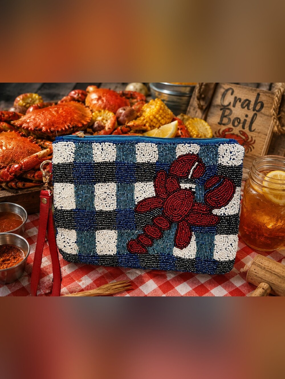 NEW House of Harlow Beaded Lobster Pouch Ghingham Blue & Red Wristlet Purse
